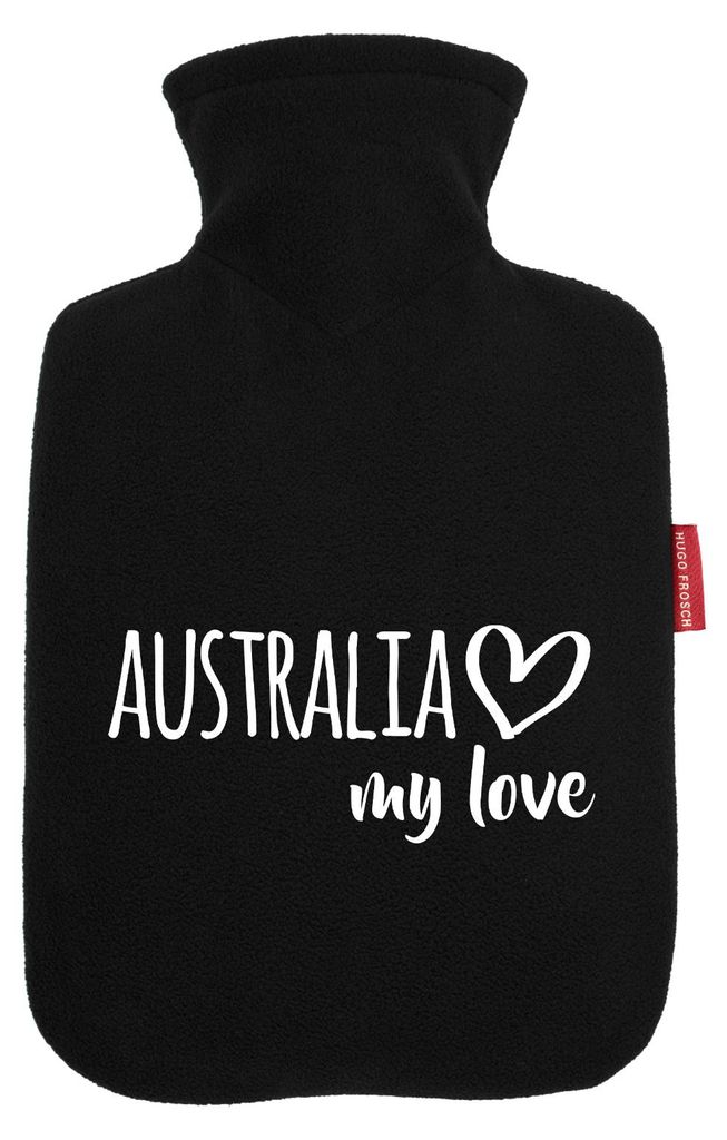 Huuraa Wärmflasche Australia my love 1,8 Liter Black Classic Veloursbezug Bettflasche Geschenkidee