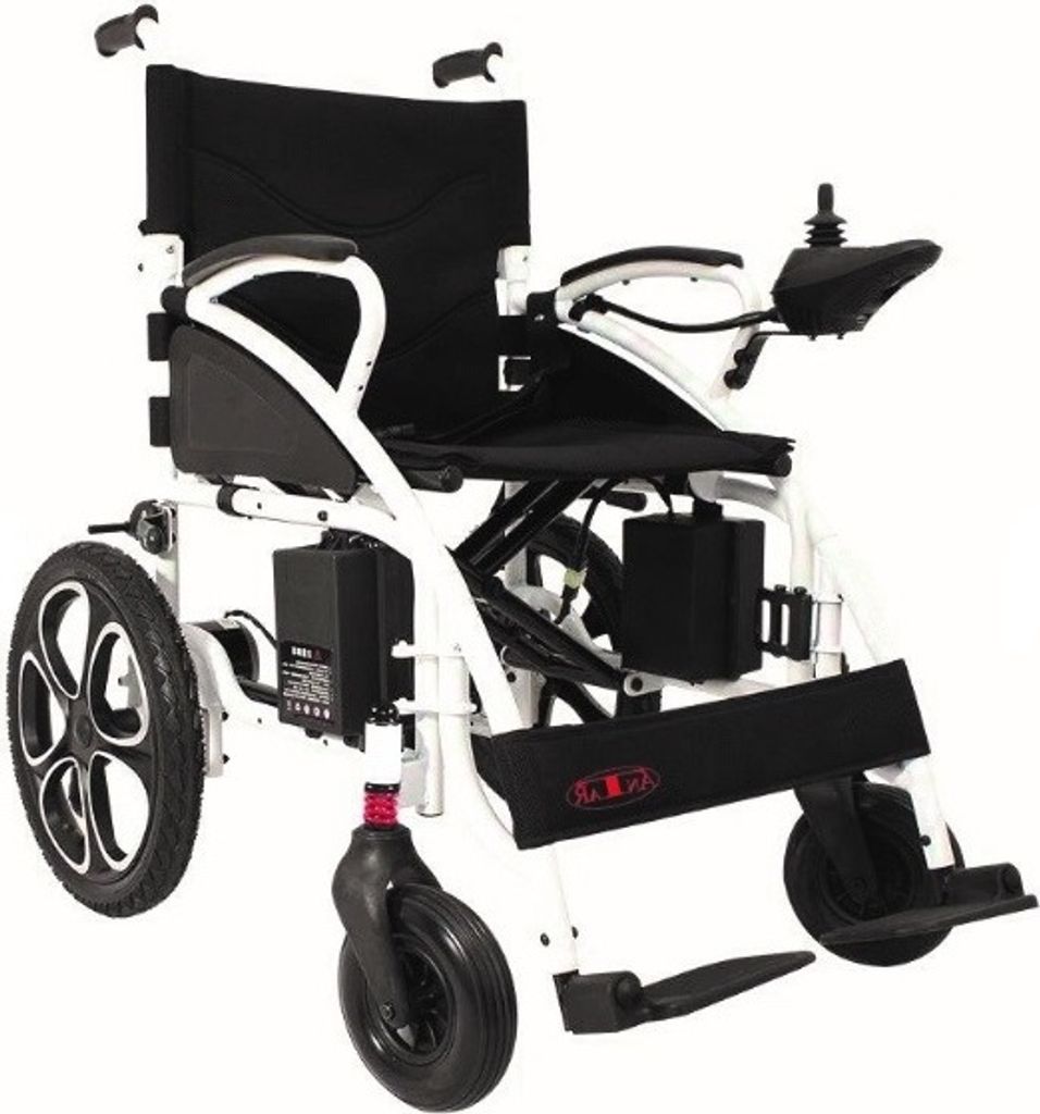 A white electric wheelchair with black seat and accents, shown from a front-diagonal angle against a white background.
