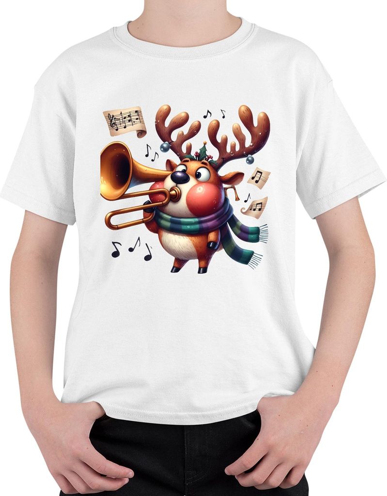 Weihnachtsrentier Posaune Notenblatt lustig niedlich Geschenk Uni Kinder T-Shirt, Weiß, 152