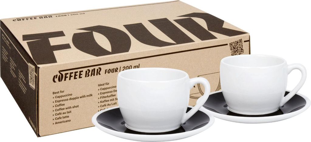 KÖNITZ 2er Set Coffee Bar FOUR Cappuccinotasse mit Untertasse 200 ml Black & White im Geschenkkarton