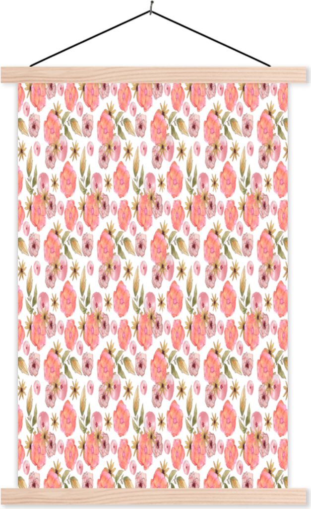 MuchoWow Textilposter Blumen - Rosa - Muster - Aquarell 120x180 cm mit holzfarbenen Rahmen - Textil-Plakat