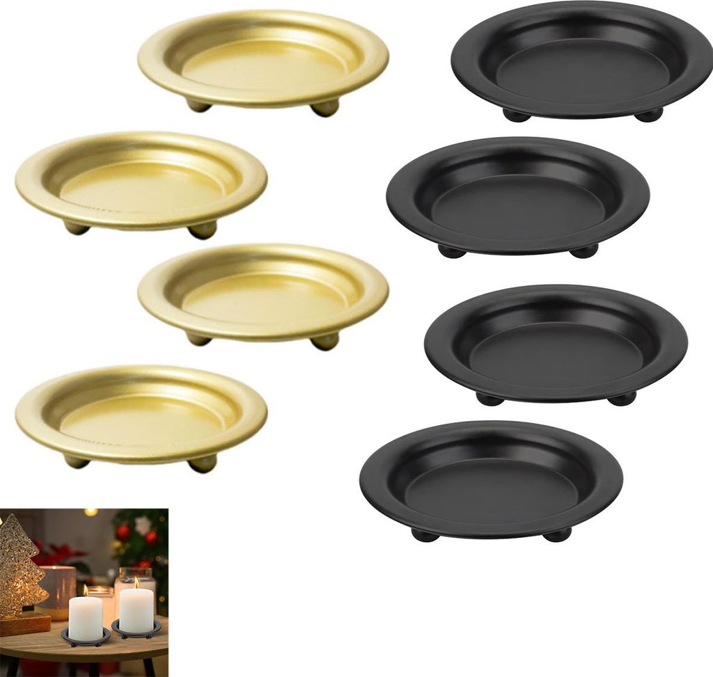 8er Set Kerzenteller aus Metall, 4x Schwarz + 4x Gold, rund, Kerzenhalter, Deko für Zuhause