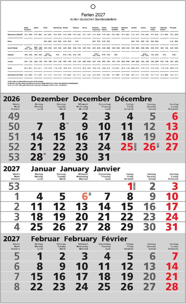 2027 ADINA Dreimonatskalender 49x30cm m Tagesanzeiger und Produktbild 
