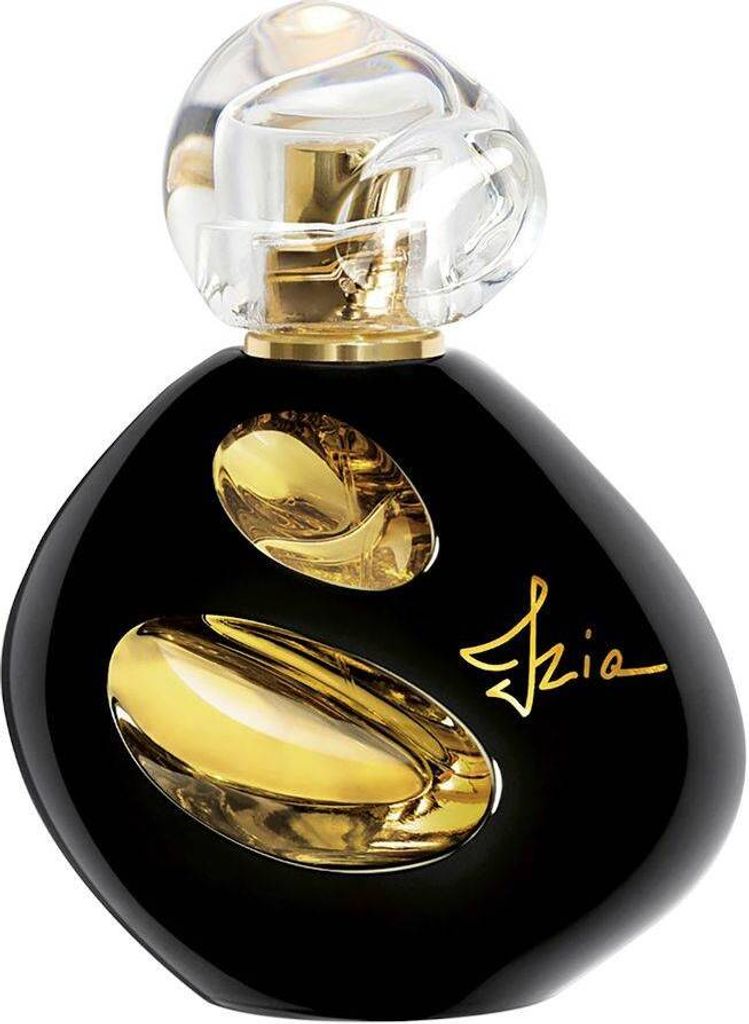 A black perfume bottle with gold accents and a clear cap, presented on a white background.