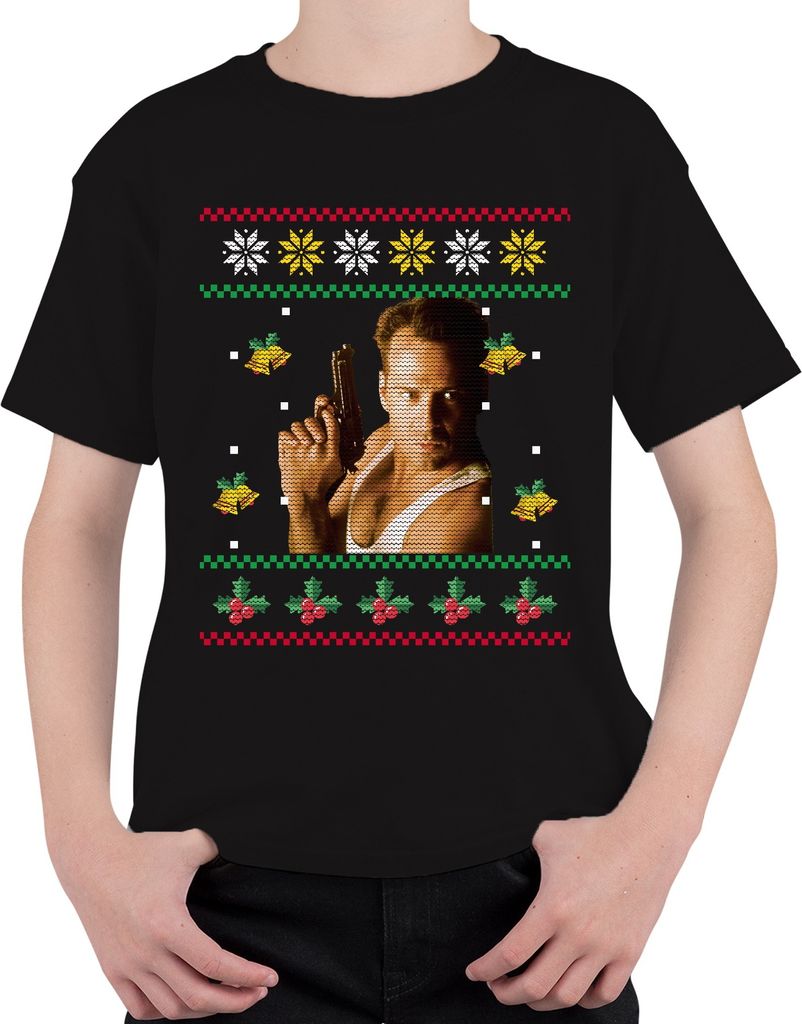 Stirb Langsam - Ugly Christmas Sweater Weihnachten Weihnachtsgeschenk Uni Kinder T-Shirt, Schwarz, 128