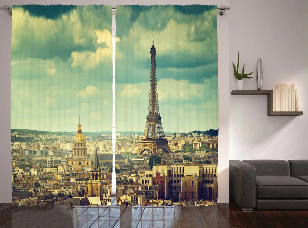 Rideau de Chambre Vue Tour Eiffel Panneau Large 280x225 cm Vert et Brun