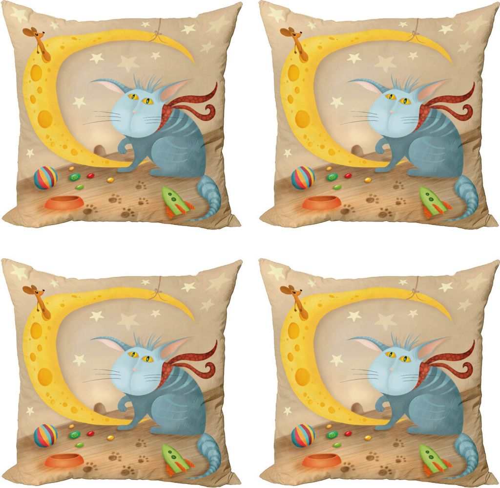 ABAKUHAUS Komisch Kissenbezug Set (4 Stück), Katze Maus Crescent Moon, Moderner Doppelseitiger Digitaldruck, 60 cm x 60 cm, Mehrfarbig