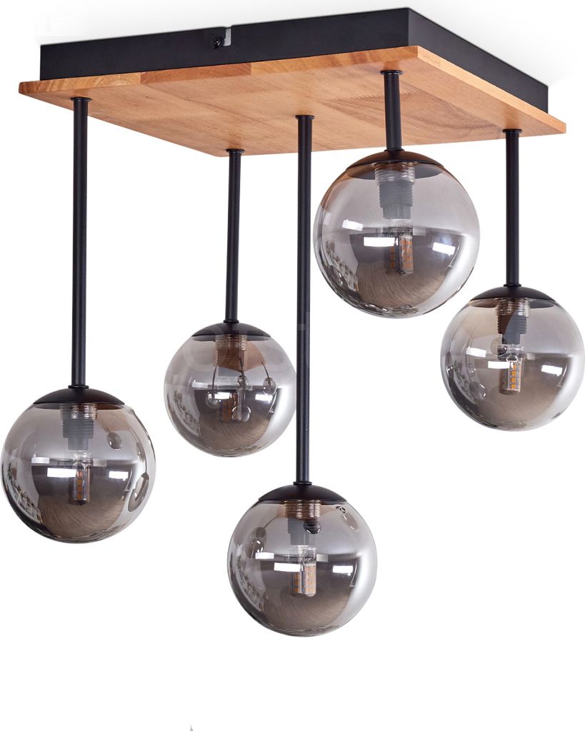 Isorella Deckenlampe aus Metall/Holz/Glas in Schwarz/Natur/Rauchfarben