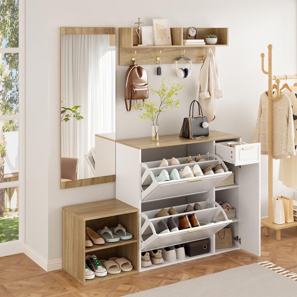 Garderoben-Set 4-teilig, Schuhschrank, Sitzbank, Spiegel, 130 x 30 x 174 cm, Natur / Weiss