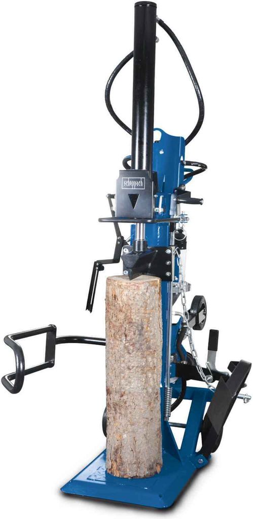A blue log splitter with a log in place, shown against a white background.