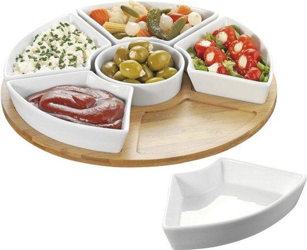 Draaibaar dienblad mit weißem Porzellan, Bambus, 34 x 34 x 65 cm