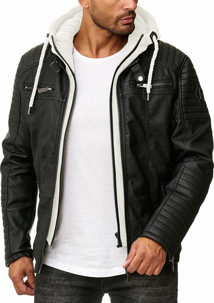 Red Bridge Herren Kunst- Lederjacke Kunstleder Bikerjacke mit Sweat- Kapuze Two in One Schwarz-Ecru L