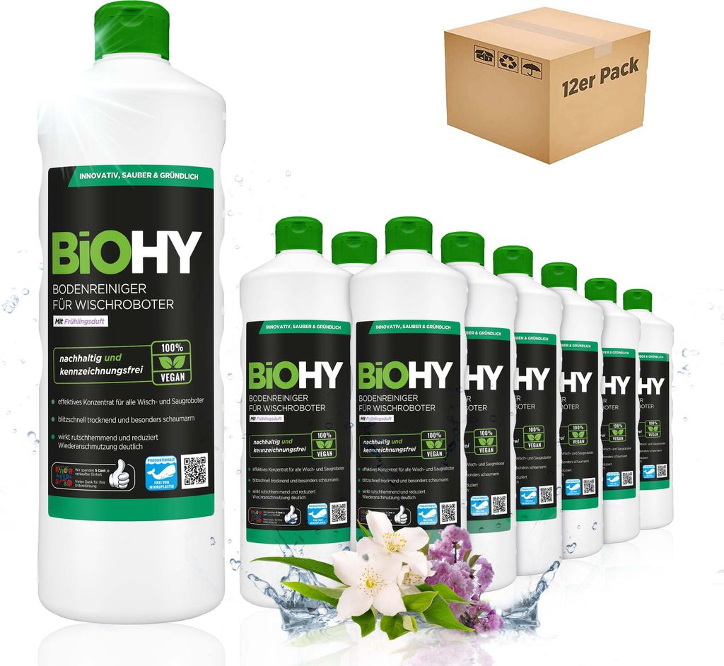 BiOHY Bodenreiniger für Wischroboter mit Frühlingsduft, Reiniger, Bodenwischpflege, Nicht schäumender Bodenreiniger – 12er Pack (12 x 1 Liter ...