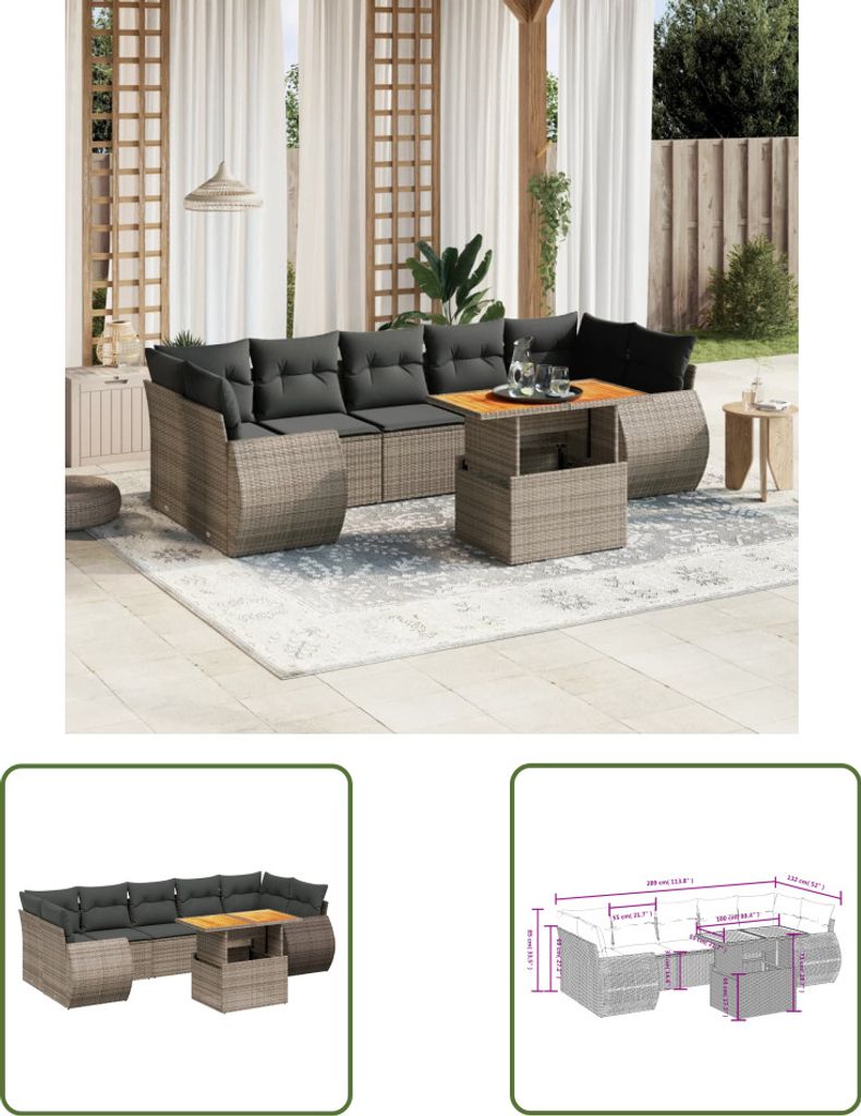 The Living Store 8-tlg. Garten-Sofagarnitur mit Kissen Grau Poly Rattan