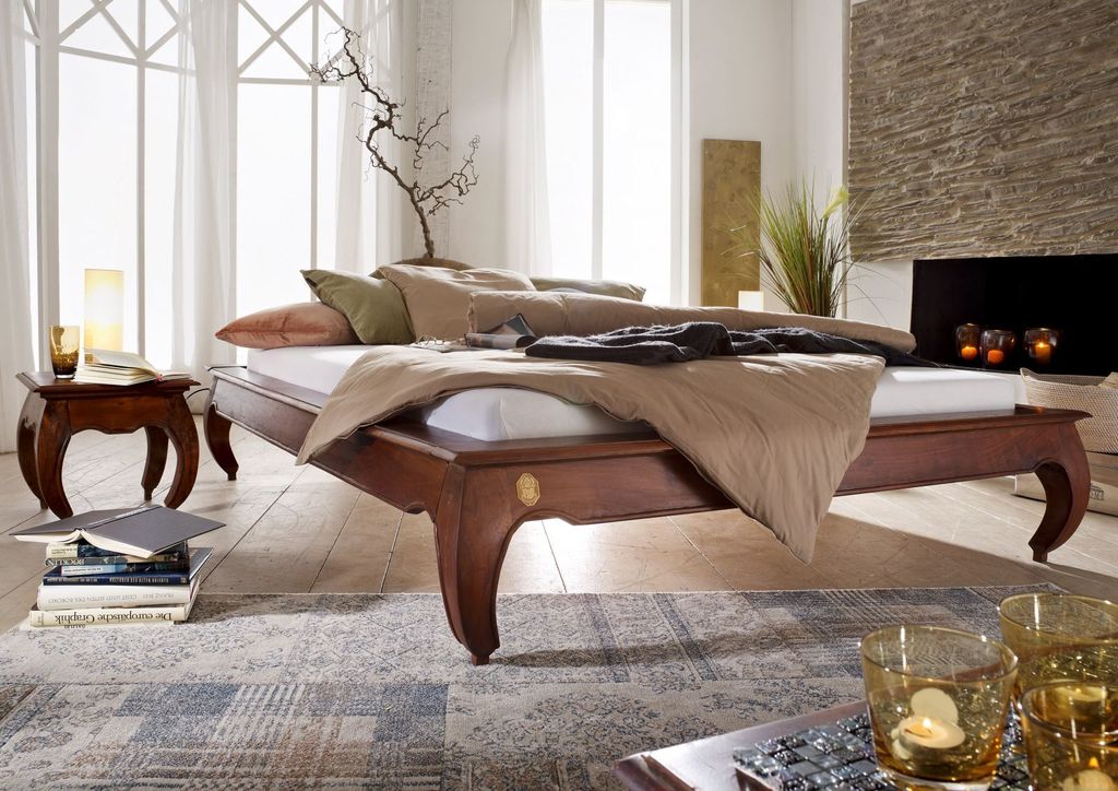 MASSIVMOEBEL24 Bett Akazie 200x200x42 nougat lackiert OPIUM #265