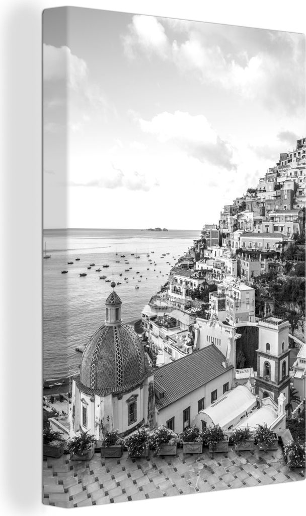 OneMillionCanvasses - Leinwandbilder - 90x140 cm, Das Dorf Positano an der Amalfiküste in Süditalien - schwarz und weiß, Wandbilder Kunstdruck...
