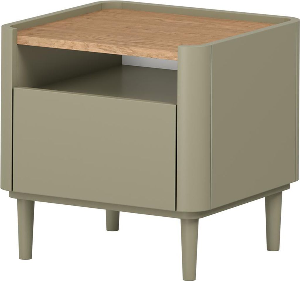 Schlafzimmer Nachtkommode mit 50 cm Breite in Grün mit Eiche, 1 Schublade, Holzfüße - ELOY-141