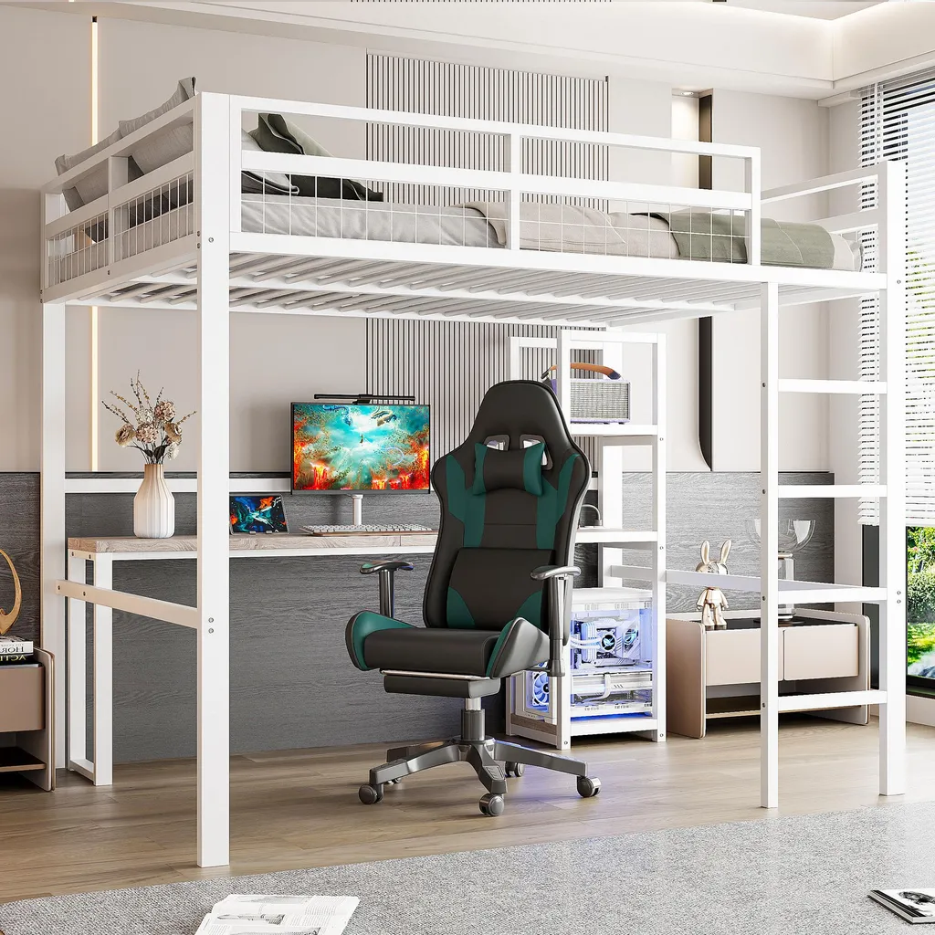 Merax Lit Superposé 140x200cm avec Bureau et Prises USB Blanc en Métal