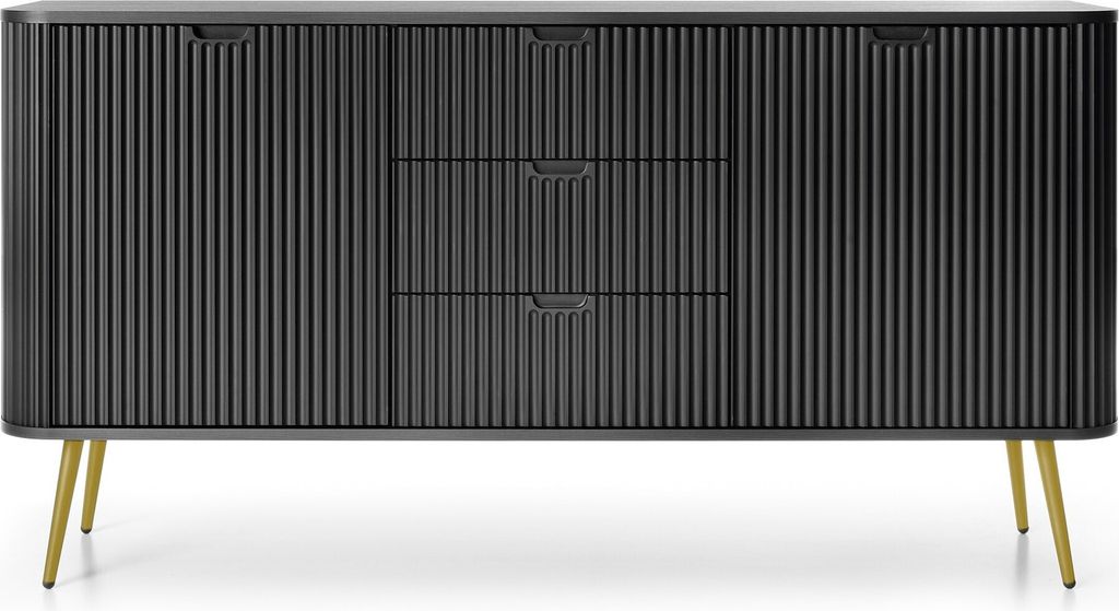 BETTSO Breite Kommode geriffelte Fronten auf goldenen Beinen ZOVA 168 cm Schwarz