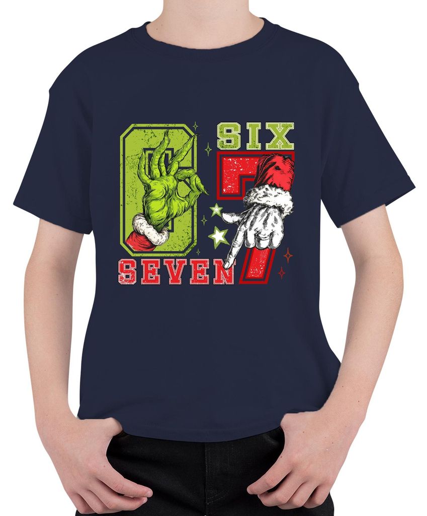 Grinch Hand Weihnachtsmann Six Seven 6 7 Meme Spruch Weihnachten Uni Kinder T-Shirt, Navy, 140
