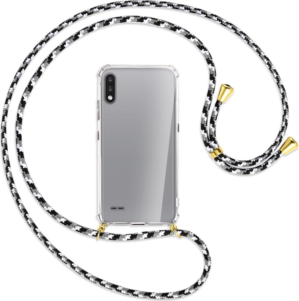 Handykette Backcover-Schutzhülle mit Band (Metall goldfarben) für LG K22 LMK200 - schwarz/grau/weiß