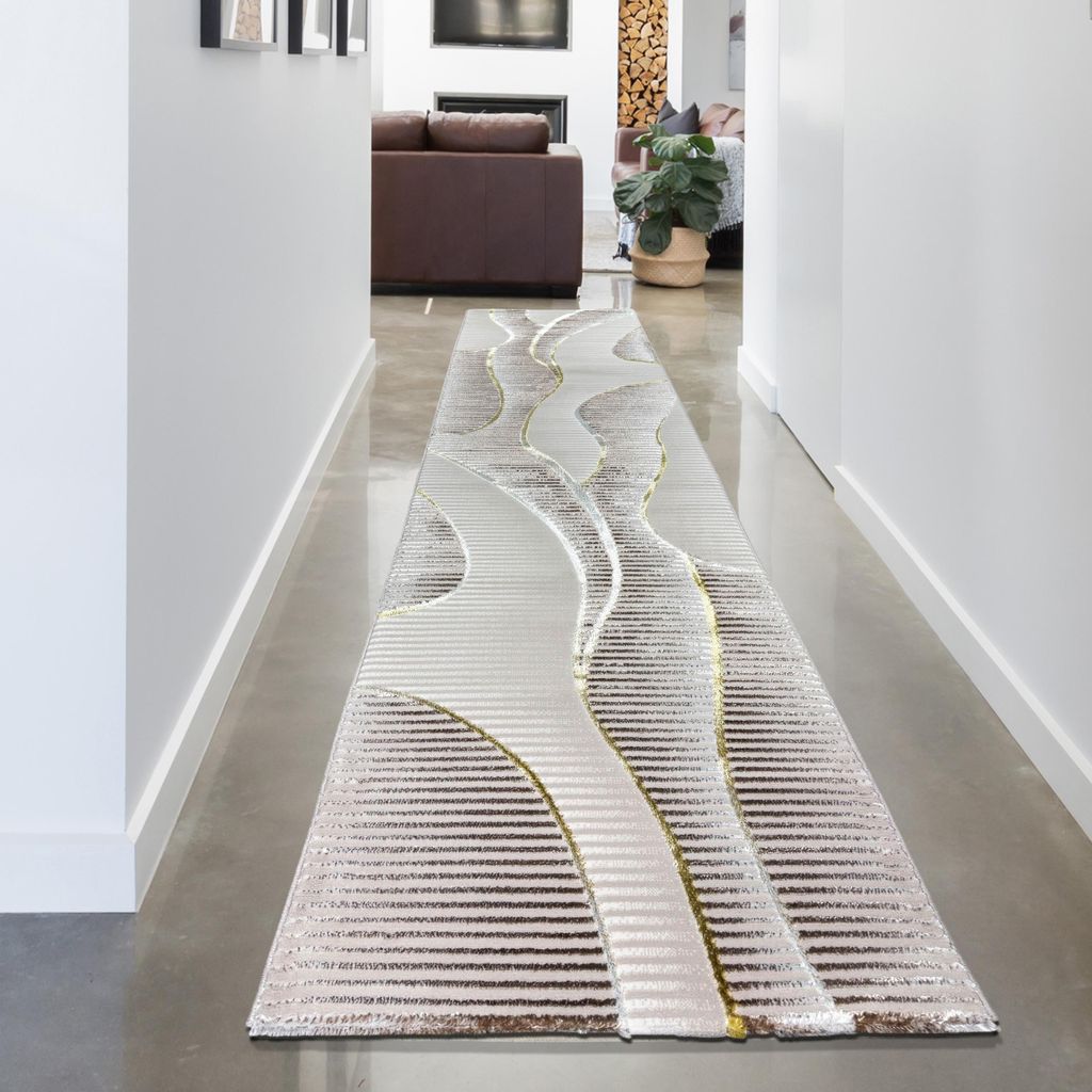 Kurzflorteppich Creme geschwungene Linien modern mit Glanzeffekt für Wohnzimmer und Schlafzimmer Größe - 80 x 300 cm