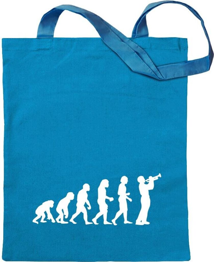 Kiwistar - Baumwolltasche - hellblau - Evolution Trompetenspieler - Tragetasche Stoffbeutel Umhängetasche Langer Henkel