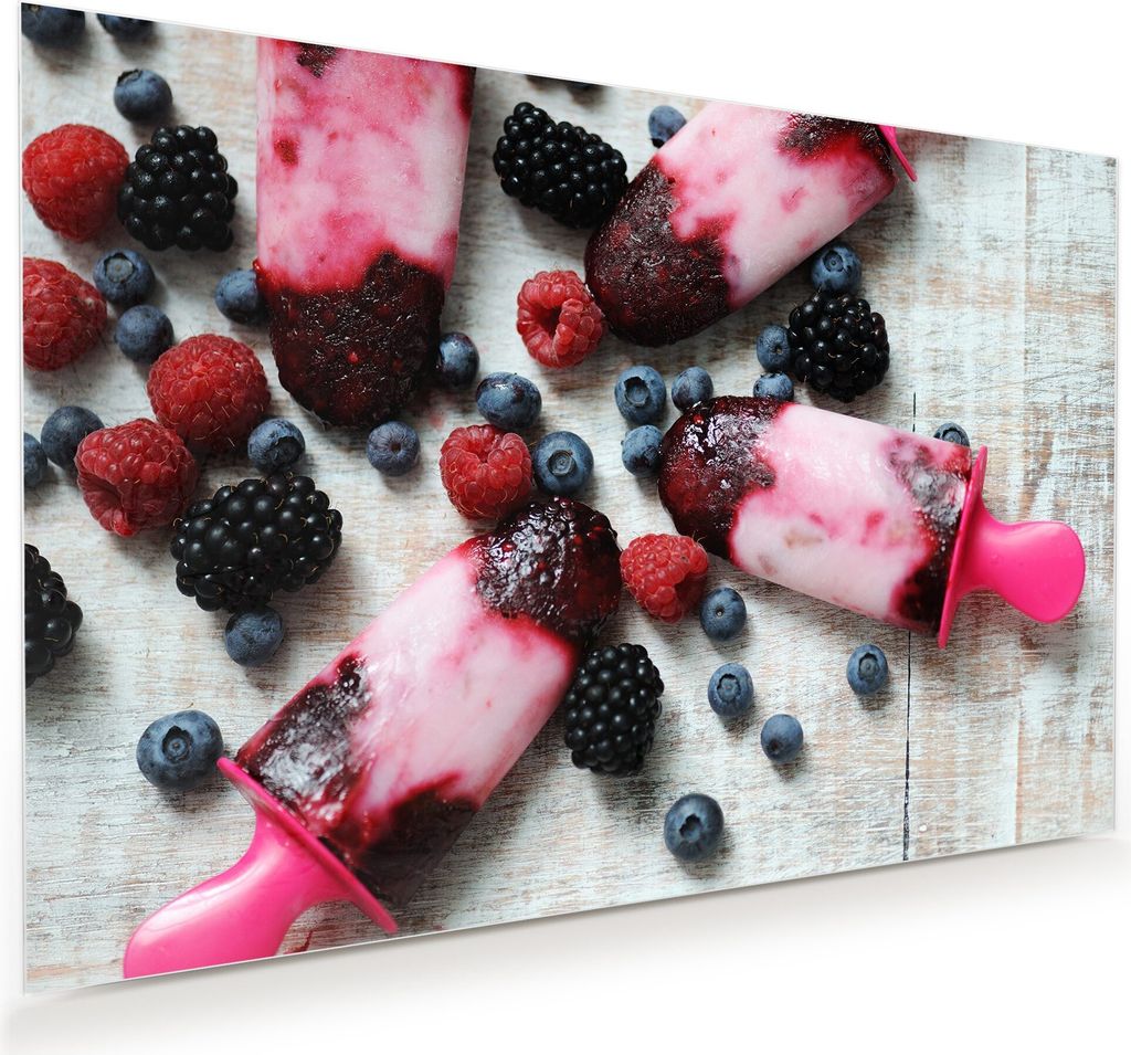 Glasbild Wandbild Eis am Stiel aus Beeren 90x60cm in XXL für Wohnzimmer, Schlafzimmer, Badezimmer, Flur