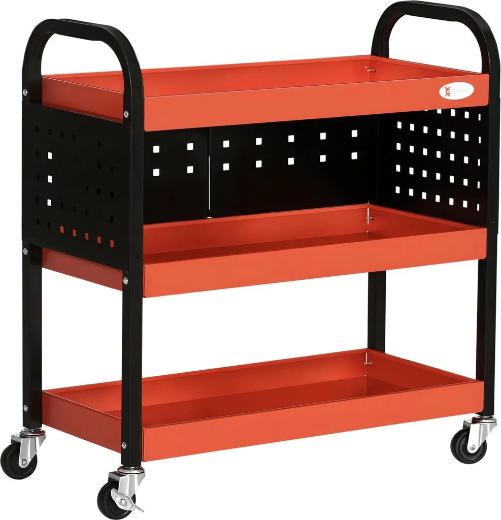 Chariot à outils rouge à 3 étagères et panneau perforé pour l'atelier
