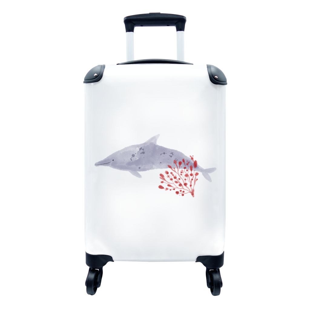 MuchoWow Koffer Handgepäck Trolley Rollkoffer Kleine Reisekoffer mit 4 Rollen - Fische - Pflanzen - Rot - Aquarell - Cabin Size < 55x40x23 cm & ...