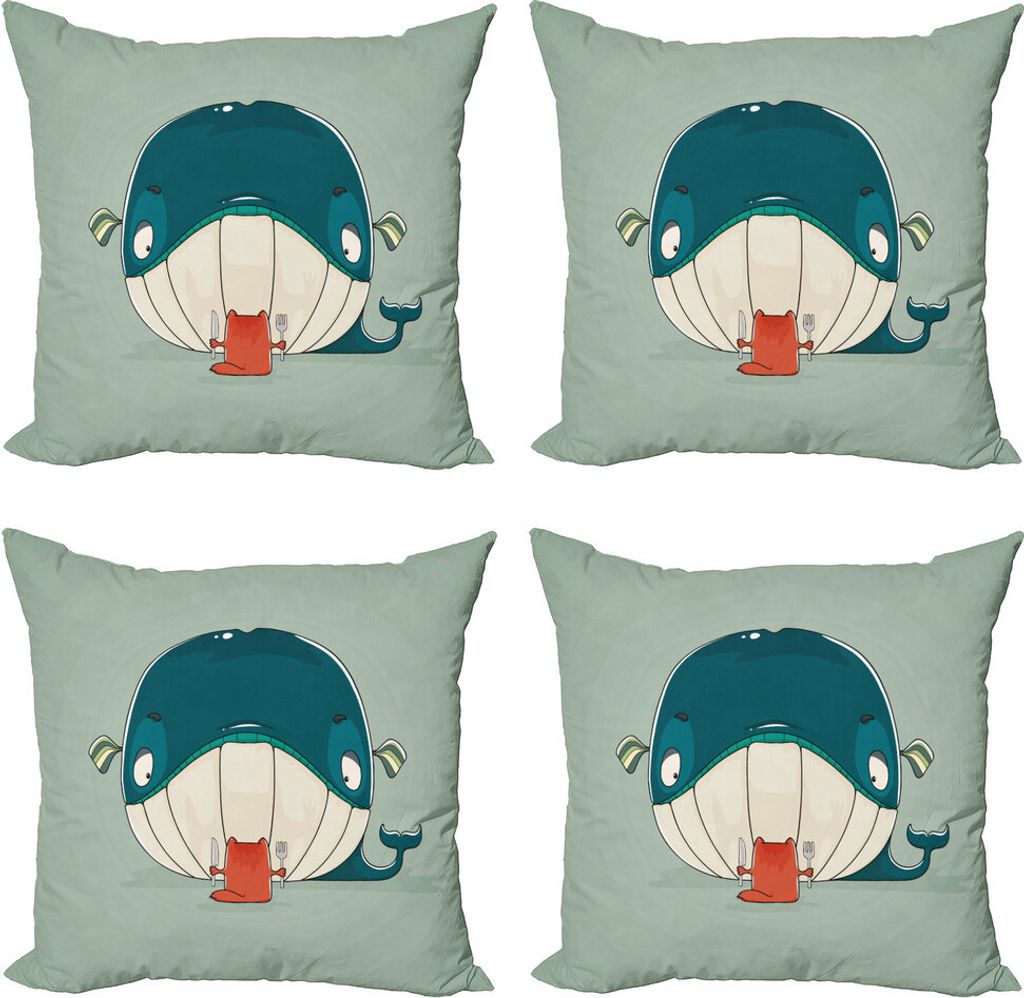 ABAKUHAUS Wal Kissenbezug Set (4 Stück), Kätzchen Essen Große Fische, Moderner Doppelseitiger Digitaldruck, 60 cm x 60 cm, Almond Grün Teal