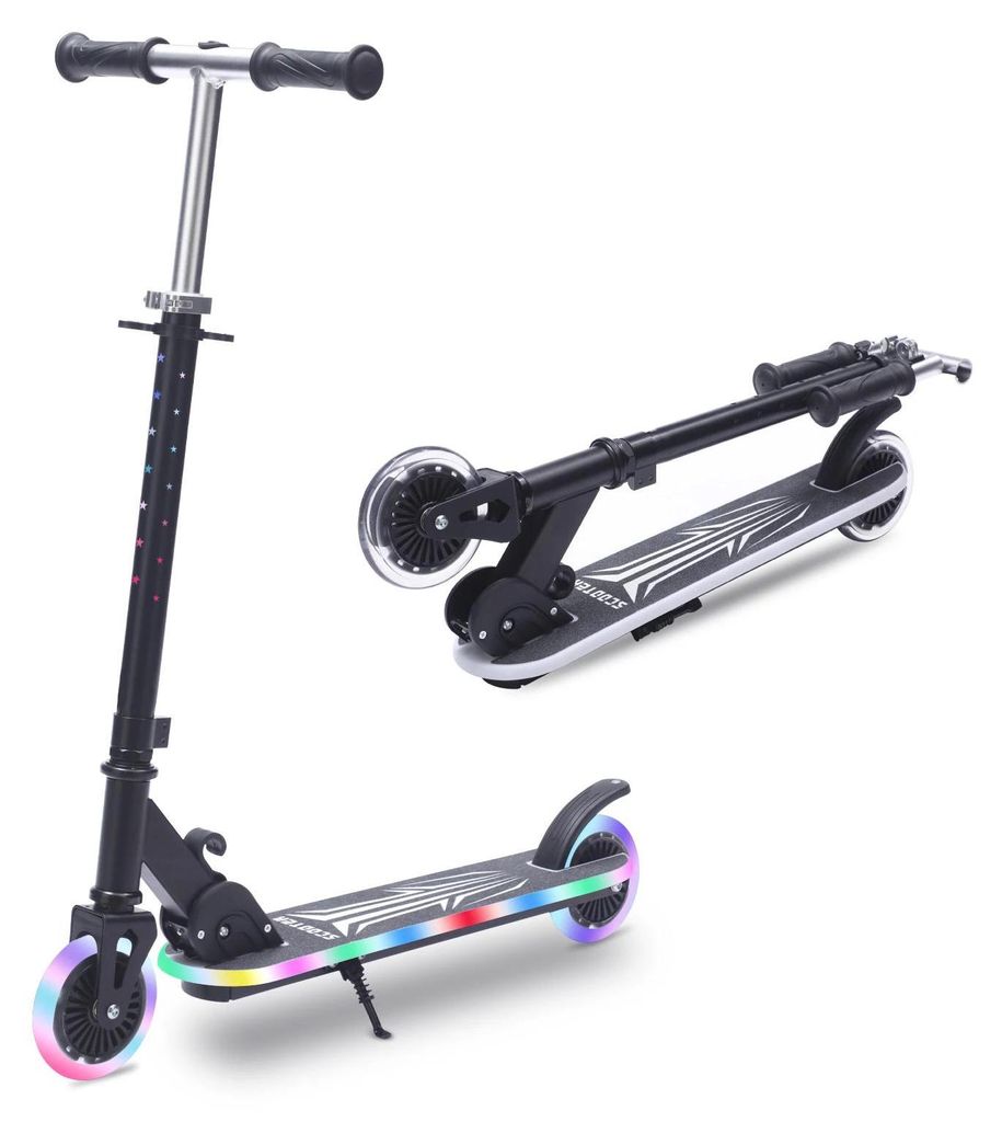 Kinder Roller - 2-rädriger klappbarer Kick Scooter - LED-Licht in Rädern, Deck und Lenkerstange - 4-fach höhenverstellbar - bis 50 kg - schwarz