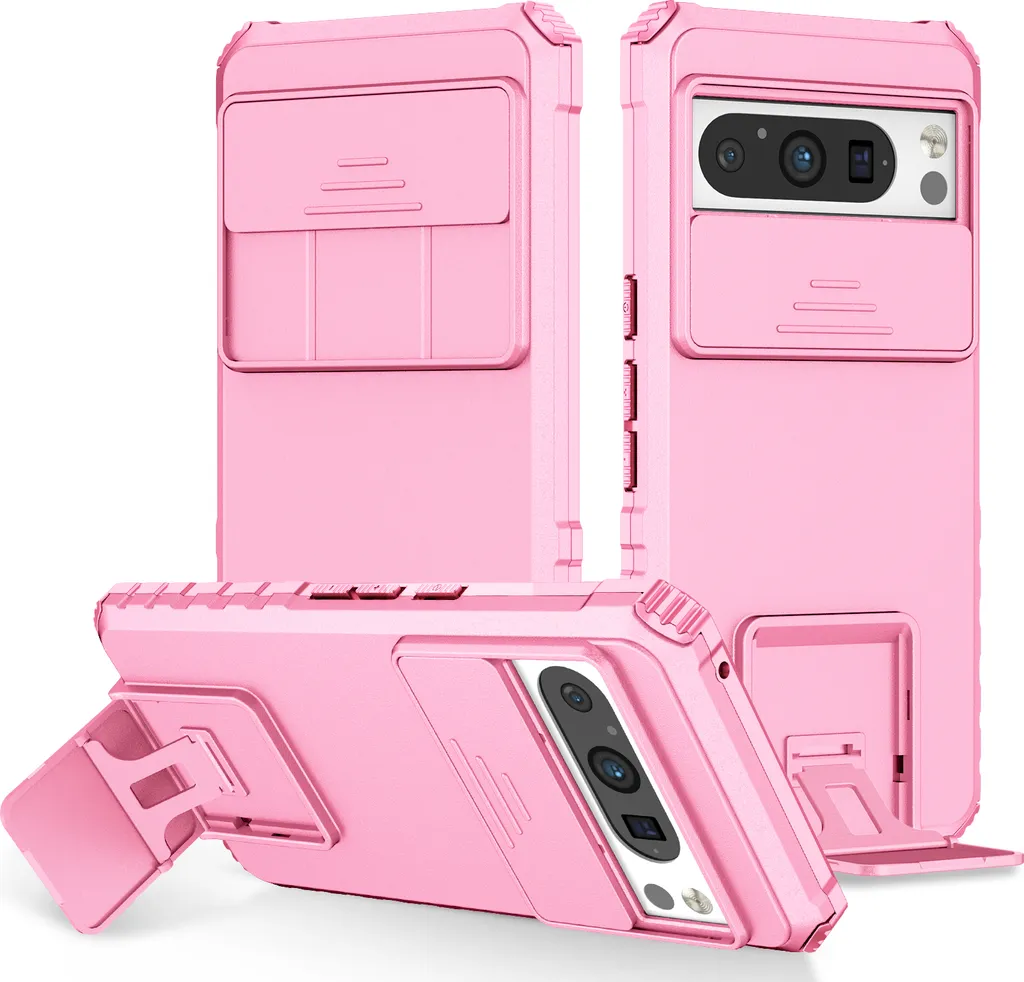 Custodia per Google Pixel 8 Pro a doppio strato robusta, protezione militare con kickstand e protezione fotocamera scorrevole Rosa