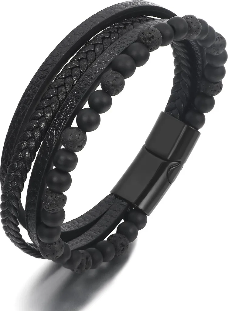 Bracelet cuir 23 cm multicouche orné de véritables pierres de lave