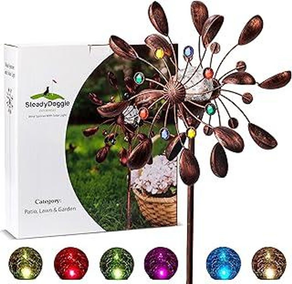 Solar Metall Windrad - mit LED-Licht und Schmucksteinen - Höhe: 190 cm - Windspiel für draußen - Leichter Aufbau - extra große Gartendeko - wet...