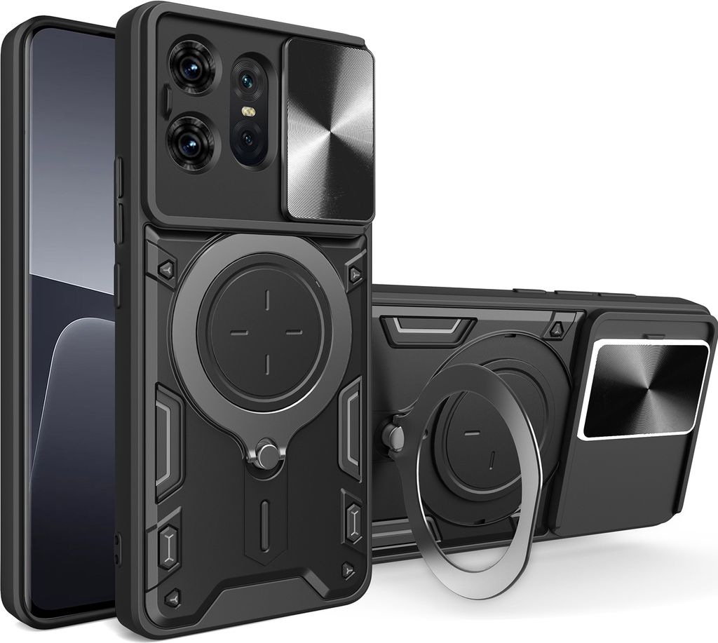 Handyhülle für Motorola Edge 50 Pro Dual-Layer Stoßfest Rüstung Hülle mit Dia Kameraschutz und Kreisförmig Ring Ständer Schwarz