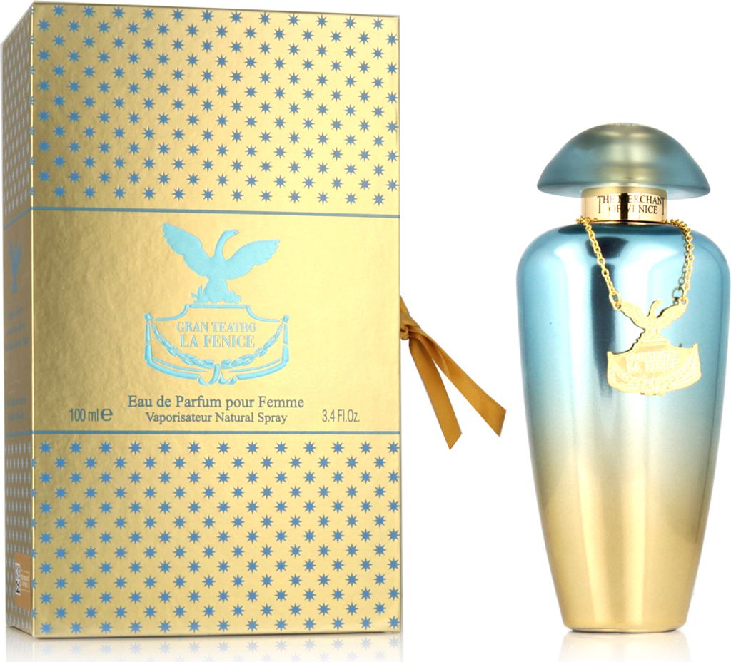 A perfume bottle and its packaging are displayed against a white background.