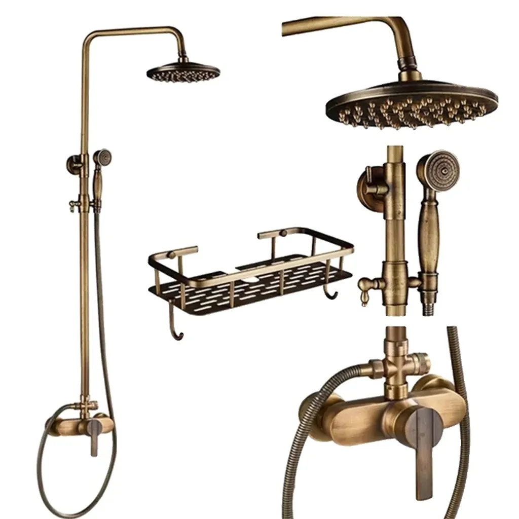 Colonne de douche TIE1 en laiton antique avec étagère intégrée - 2 jets