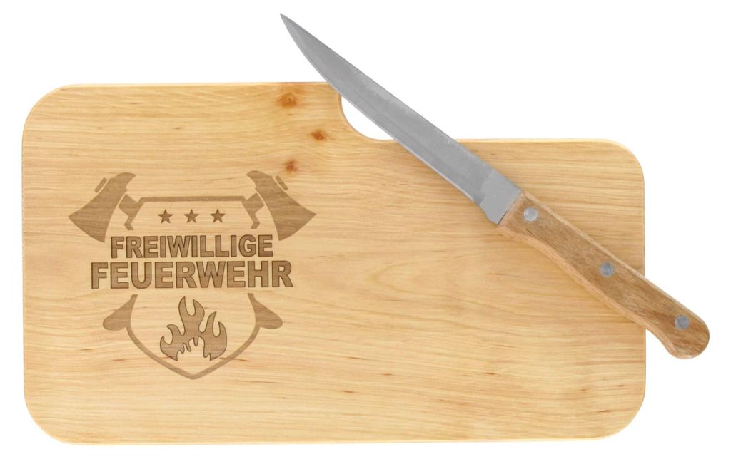 Holzbrett mit Gravur „Freiwillige Feuerwehr“ und Messer | 26 x 15 cm | Frühstücksbrett, Schneidebrett, Snackbrett aus Holz | Geschenk für Fe...