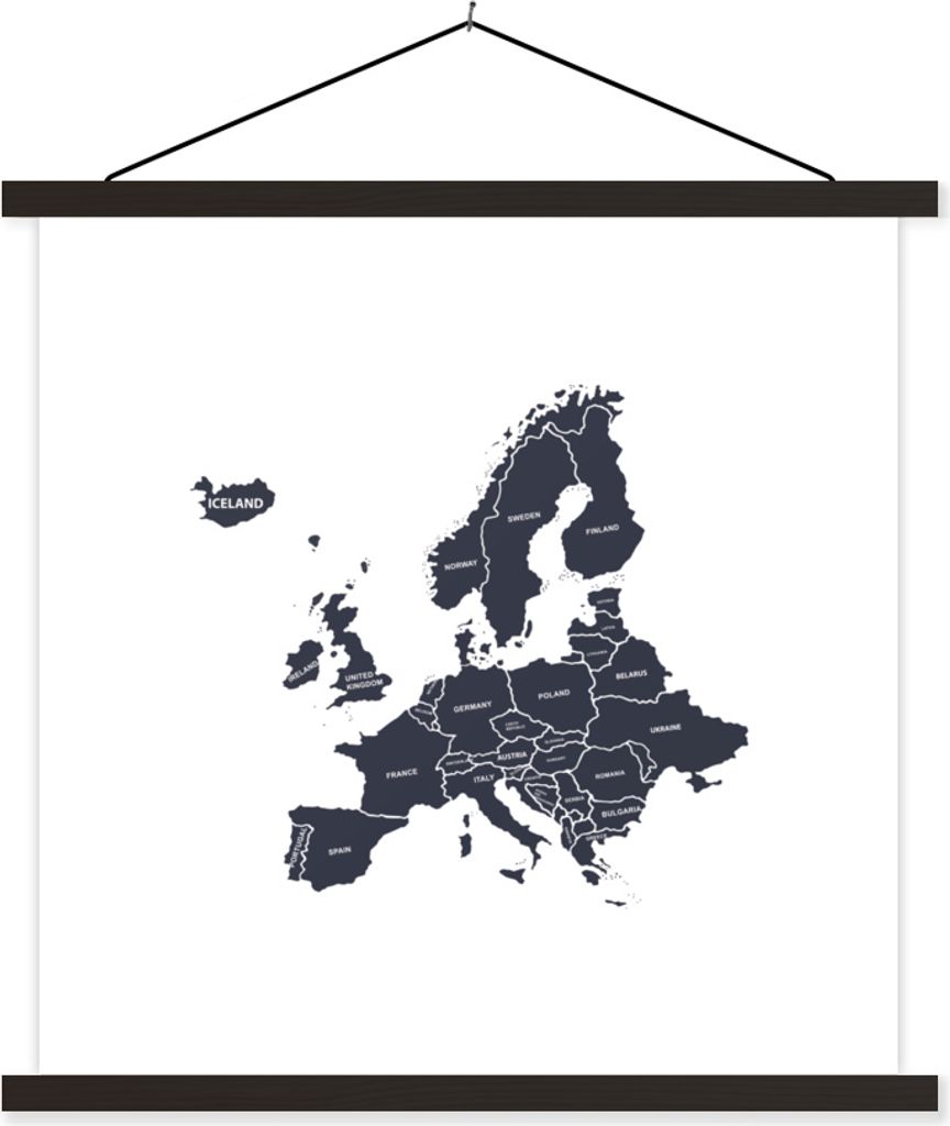 MuchoWow Textilposter Karten - Europa - Schwarz - Weiß 90x90 cm mit schwarzem Rahmen - Magnetisches