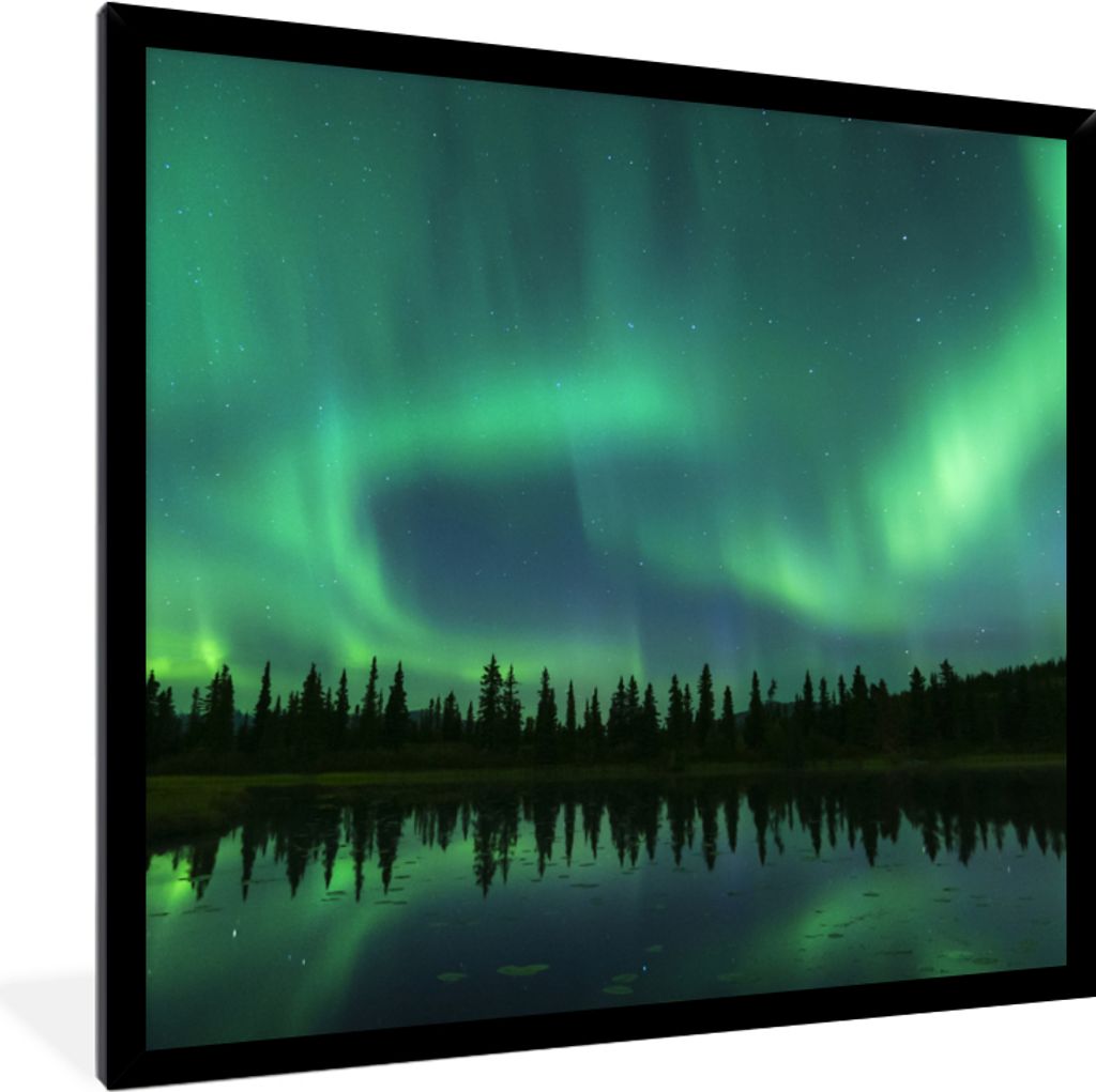 MuchoWow Gerahmtes Poster Nordlicht - Bäume - Wasser - Alaska 40x40 cm - Poster mit Schwarzem Bilderrahmen Wandposter Rahmen Foto Bilder - Mit R...