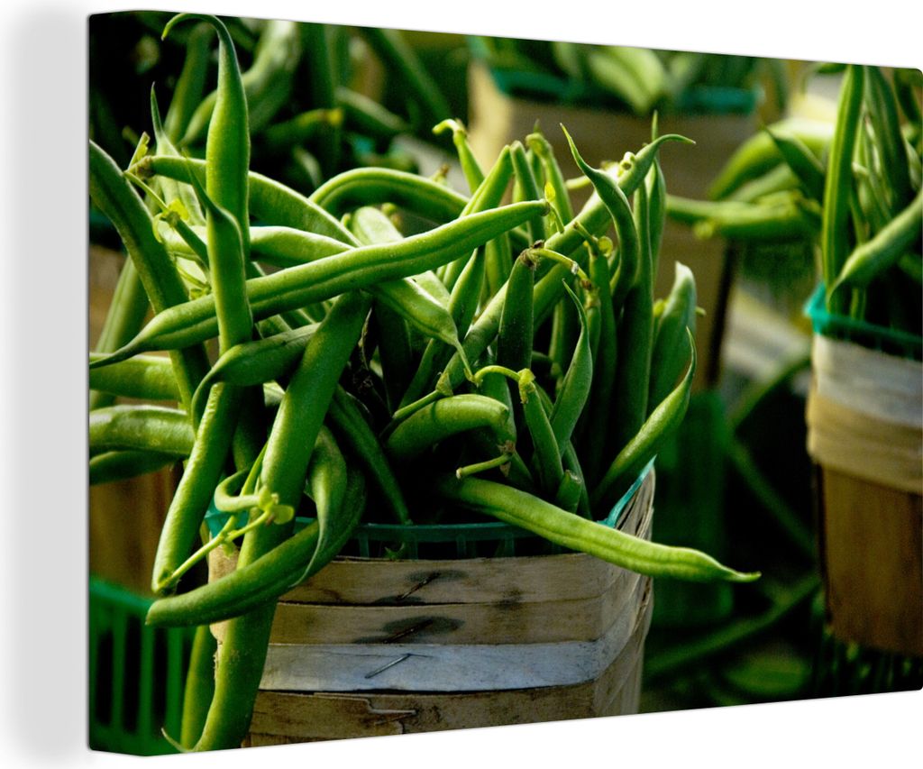 OneMillionCanvasses - Leinwandbilder - 140x90 cm, Holztabletts gefüllt mit grünen Bohnen, Wandbilder Kunstdruck Wanddekoration - Foto auf Leinw...