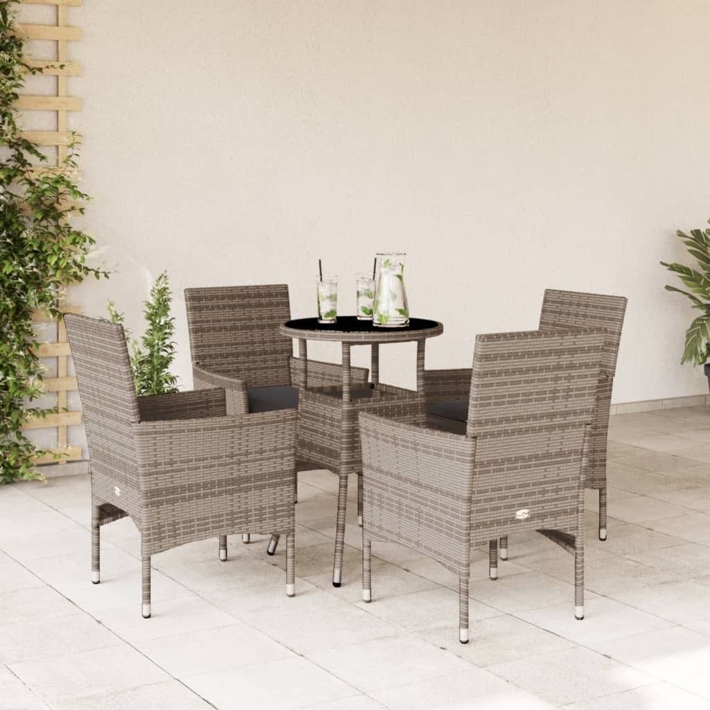 "Rabatt" 5-tlg. Garten-Essgruppe - mit tishe & Stuhl - mit Kissen Grau Poly Rattan und Glas - Lounge-Dining set CC10899