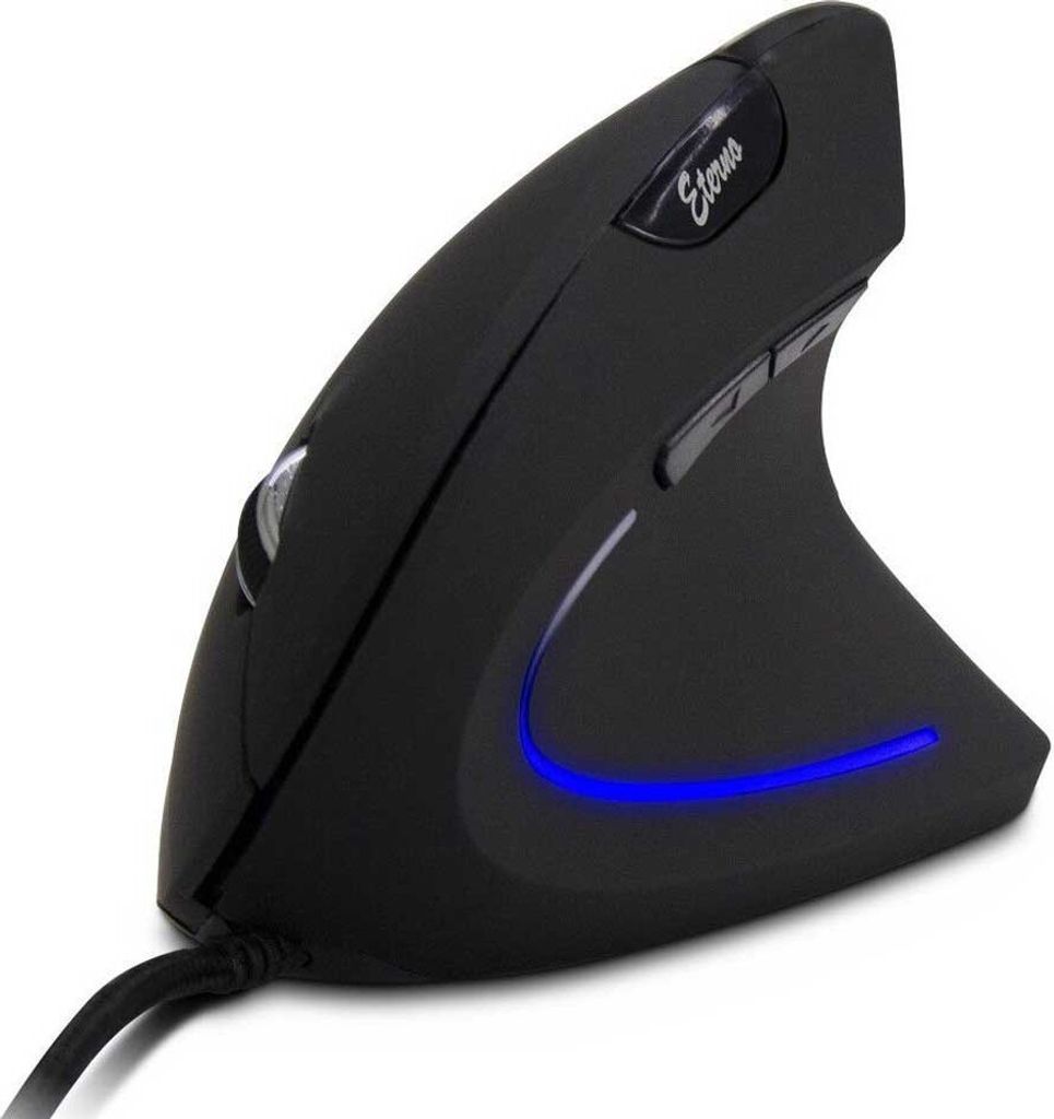 A black vertical mouse with blue LED lighting is shown against a white background.