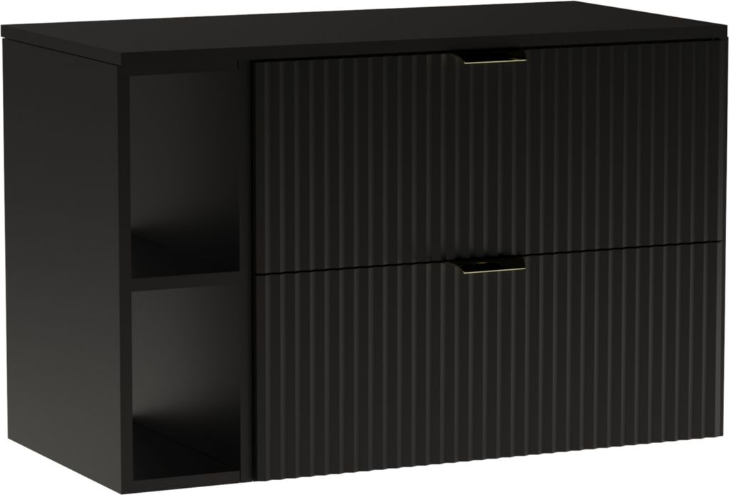 A black vanity unit with two fluted drawers and an open shelf.