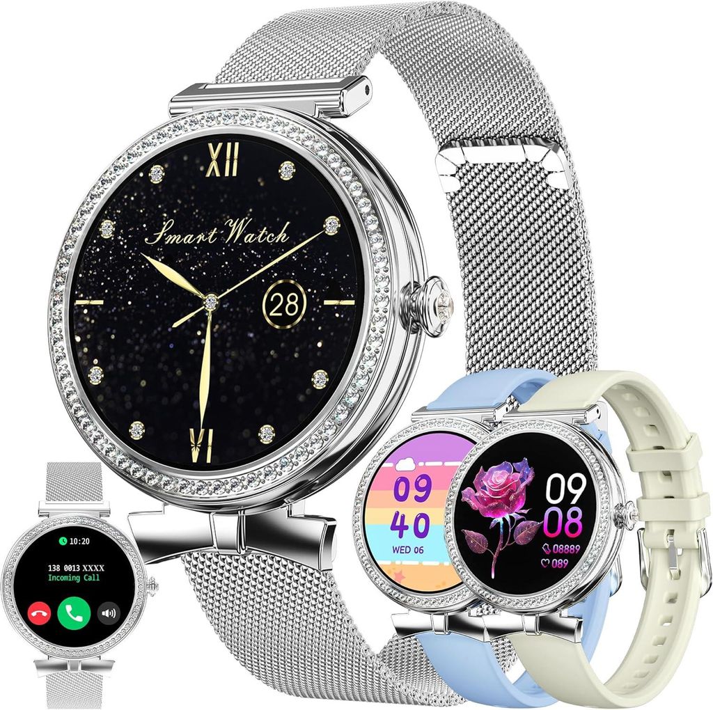 ZPIMY Damen Smartwatch mit Telefonfunktion 1.2 Inch AMOLED Display Schlafmonitor Zykluserinnerung 100+ Sportmodi Fitness Uhr Android iOS