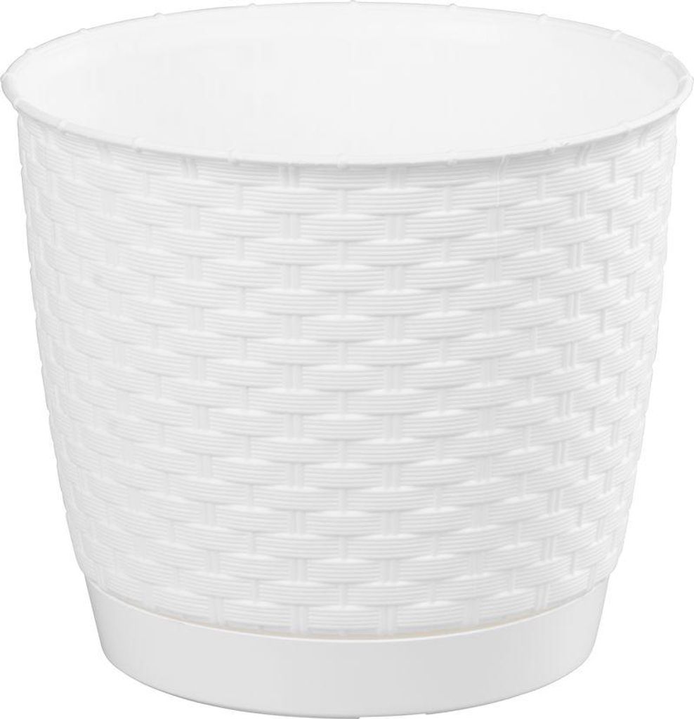 A white round planter with a woven texture and a matching saucer, isolated on a white background.