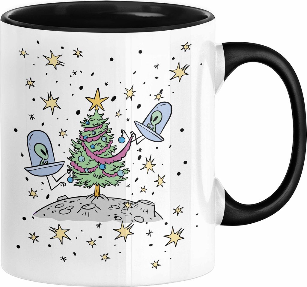 Weihnachten Tasse Geschenk Alien Weihnachtsbaum Geschenkidee Alien-Fans Geschenke Jungs Männer Grafik (Schwarz)