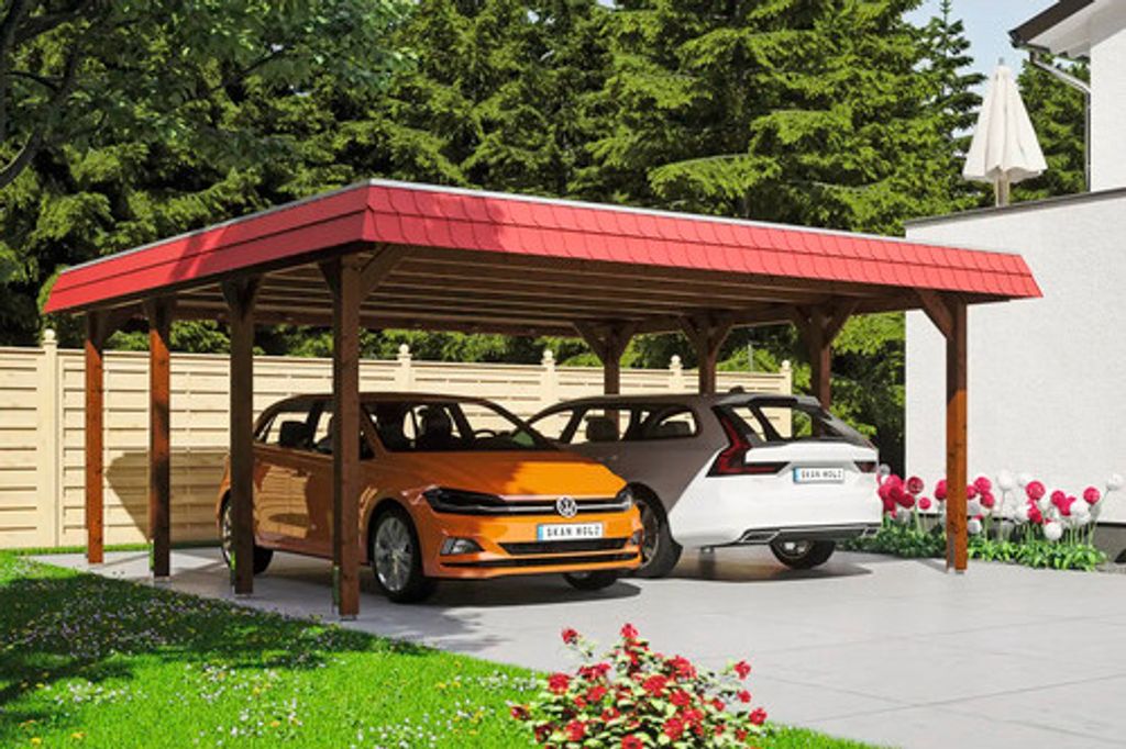 Doppelcarport SKAN HOLZ Spreewald rote Blende inkl. Pfostenanker 585 x 589 cm nussbaum