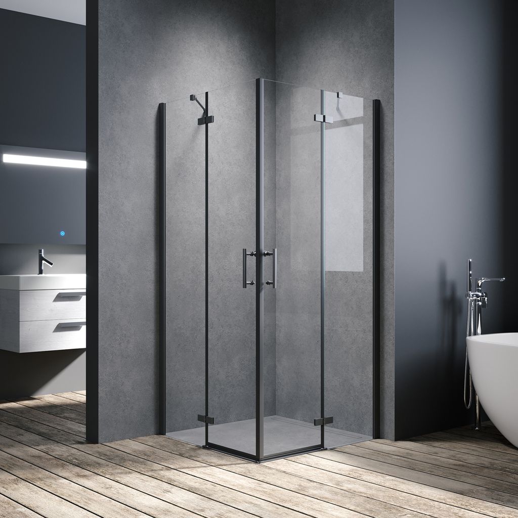 SONNI Schwarzes 100x100x195cm Scharniertür Duschabtrennung Duschkabine Eckeinstieg Dusche Nano Glas Eckdusche 6mm ESG-Sicherheitsglas